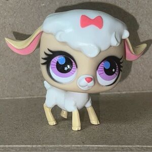 Vintage Littlest Pet Shop Lamb Figure Pink Bow Purple Eyes Hasbro Model # 2741